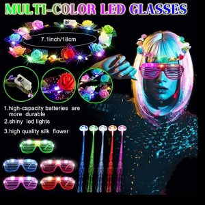 Light Up Party Favors – LED Flower Headband Crowns – LED Sunglasses – Flashing Hair Braids – Item #5701