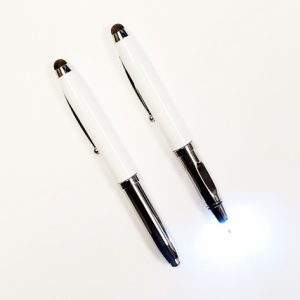 SMART LED PEN –Triple Function Light-Up LED Pull Cap Metal Ballpoint Pens With Stylus – White